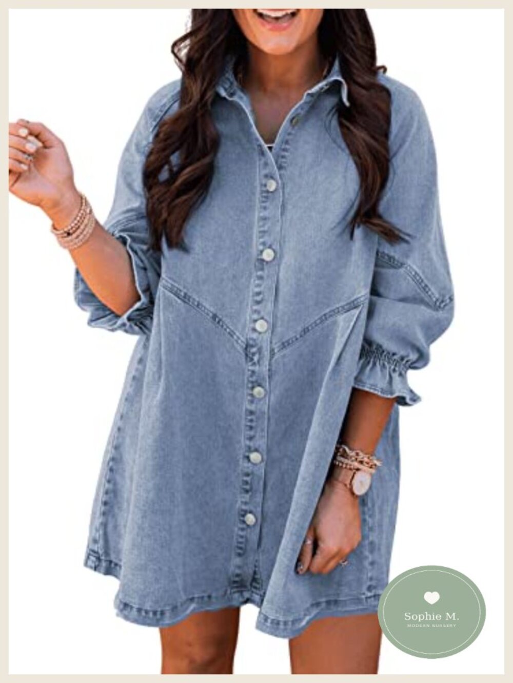 Smocked 3/4 Sleeve Button Down Denim Mini Dress Loose Fit